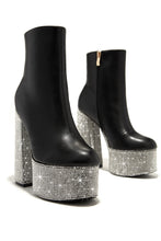 Load image into Gallery viewer, Black Platform Booties with Rhinestone Platform and Chunky Heel
