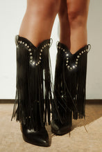 Load image into Gallery viewer, Black Fringe Cowgirl Boots Worn By Female Model
