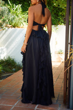 Load image into Gallery viewer, Black Open Back Ruffle Maxi Dress
