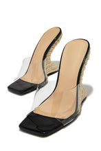 Load image into Gallery viewer, Clear Strap Black Wedge Mules with Espadrille Detailing
