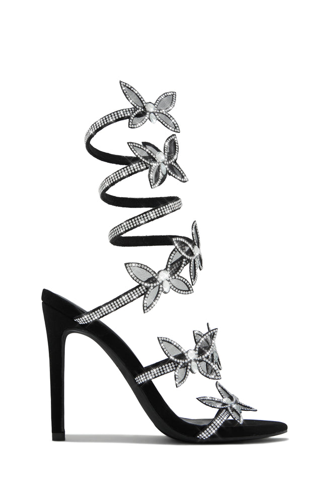 Load image into Gallery viewer, Black Embellished Around The Ankle Coil Heels with Butterfly Patches
