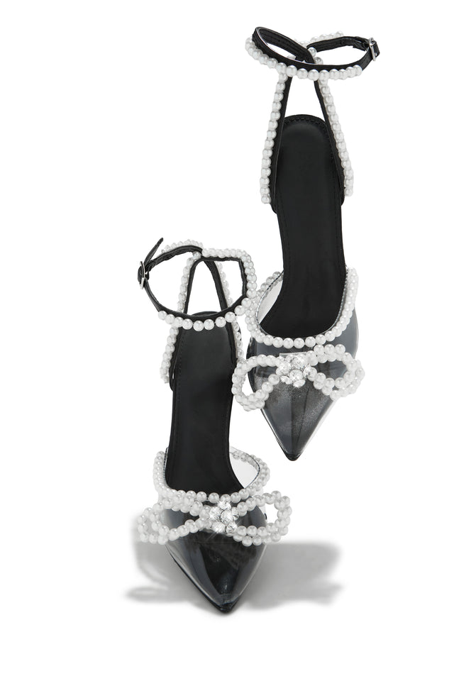 Load image into Gallery viewer, Black Pointed Toe Clear Heels with Faux Pearl Detailing

