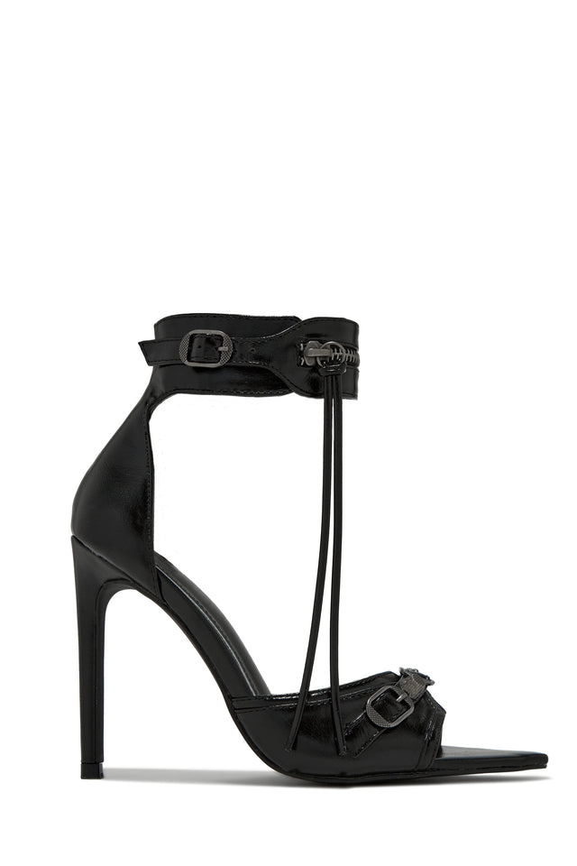 Black PU Block Heel With Ankle Strap-368.4025