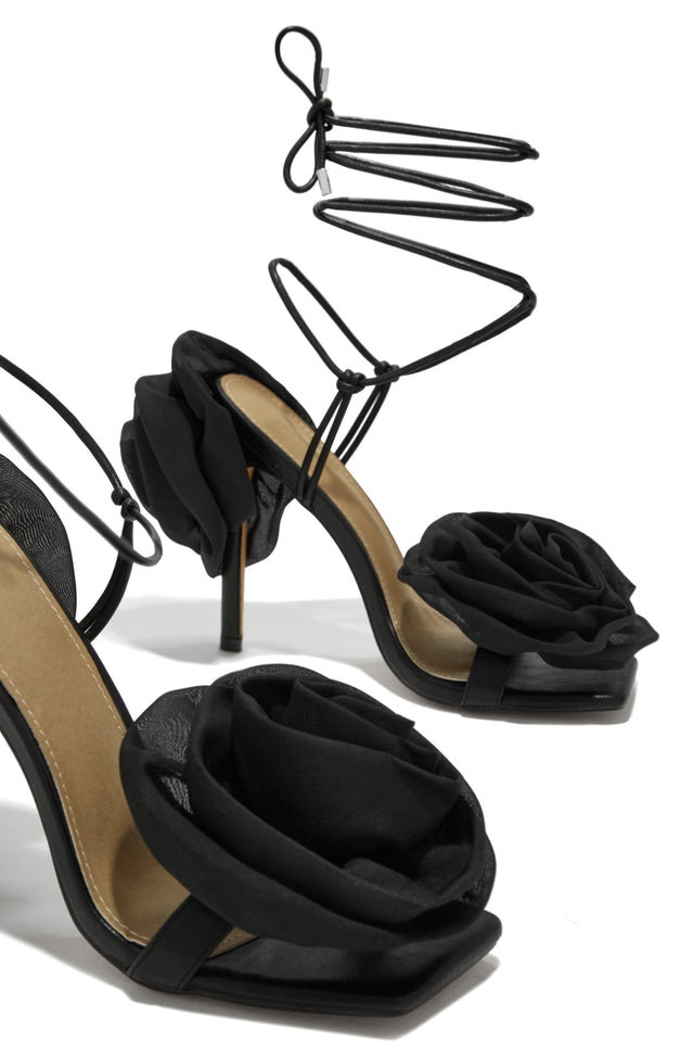 Load image into Gallery viewer, Divine Bloom Rosette Lace Up Heels - Black
