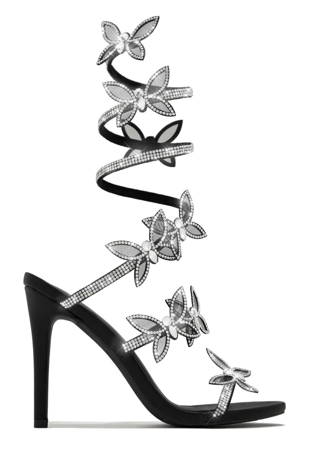 Fantasy Butterfly Embellished Around The Ankle Coil Heels - Black