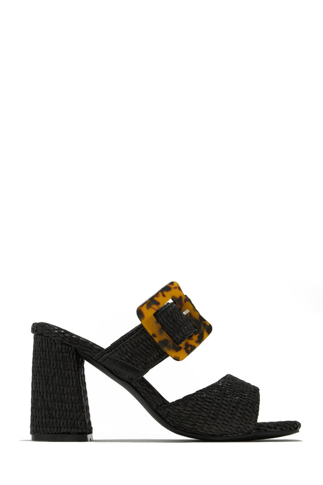 Load image into Gallery viewer, Black Single Sole Raffia Block Mid Heel Mules
