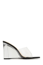 Load image into Gallery viewer, Black Wedge Mules with Clear Strap Detailing
