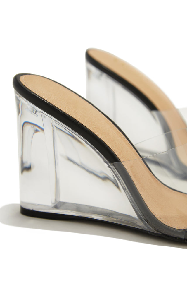 Load image into Gallery viewer, Black Wedge Mules with Clear Heel and Strap
