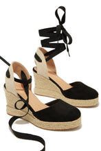 Load image into Gallery viewer, Black Lace Up Wedge Heels
