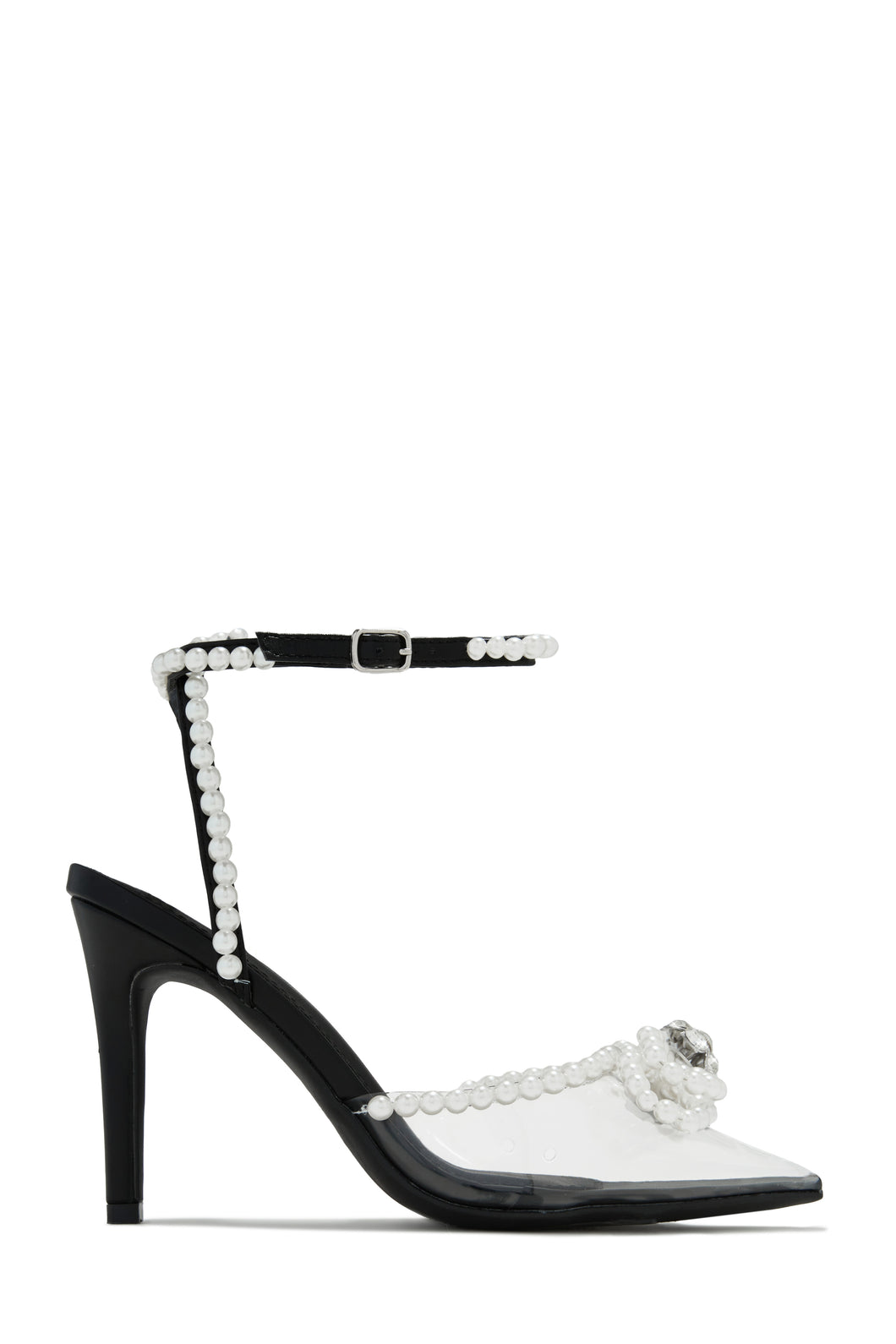 Black Pointed Toe Clear Heel Pumps with Faux Pearl Detailing