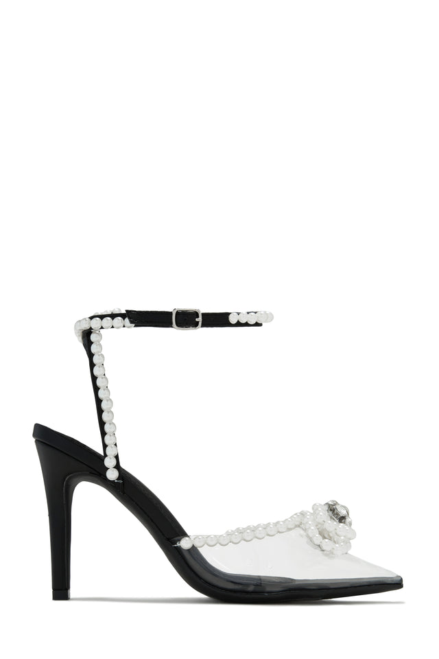 Load image into Gallery viewer, Black Pointed Toe Clear Heel Pumps with Faux Pearl Detailing
