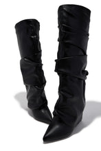 Load image into Gallery viewer, Kourtney Ruched Wedge Knee High Boots – Black

