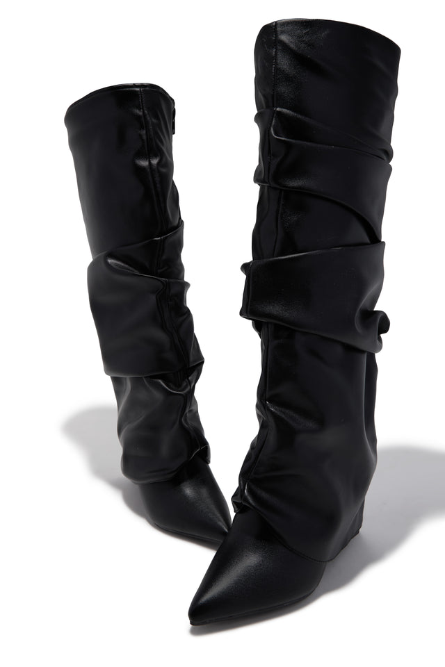 Load image into Gallery viewer, Kourtney Ruched Wedge Knee High Boots – Black
