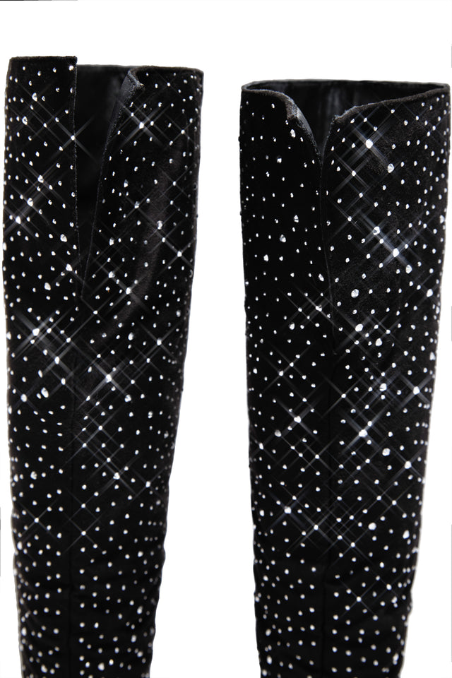 Load image into Gallery viewer, Shine Bright Embellished Over The Knee Heel Boots - Black
