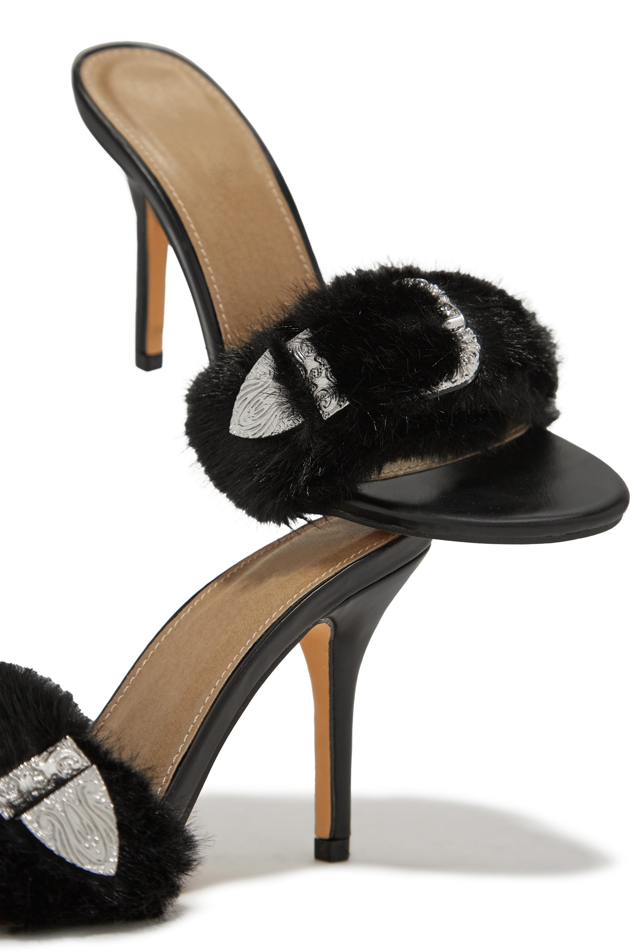 Miss Lola | Cold Heart Black Faux Fur Strap High Heel Mules