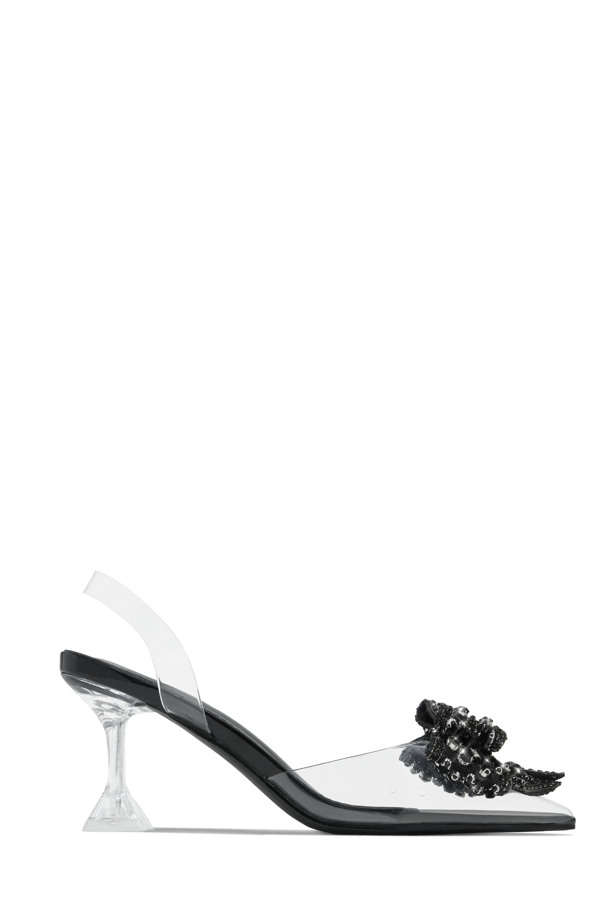 Miss Lola | Aurea Black Embellished Clear Mid Heel Pumps