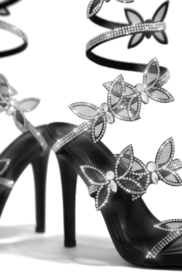 Load image into Gallery viewer, Fantasy Butterfly Embellished Around The Ankle Coil Heels - Black

