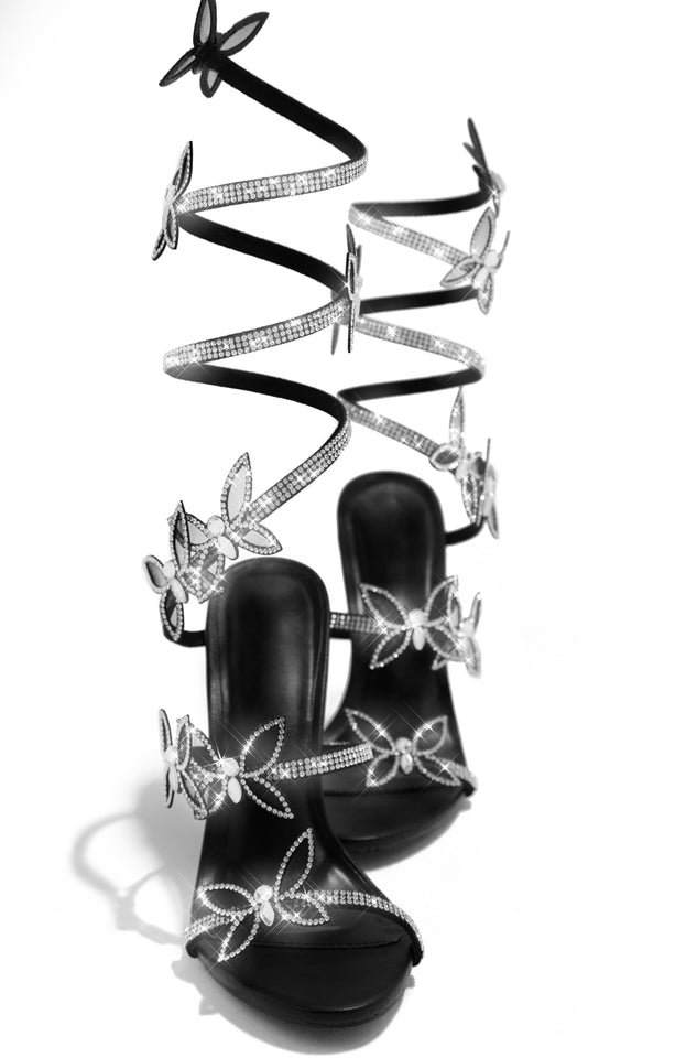 Load image into Gallery viewer, Fantasy Butterfly Embellished Around The Ankle Coil Heels - Black
