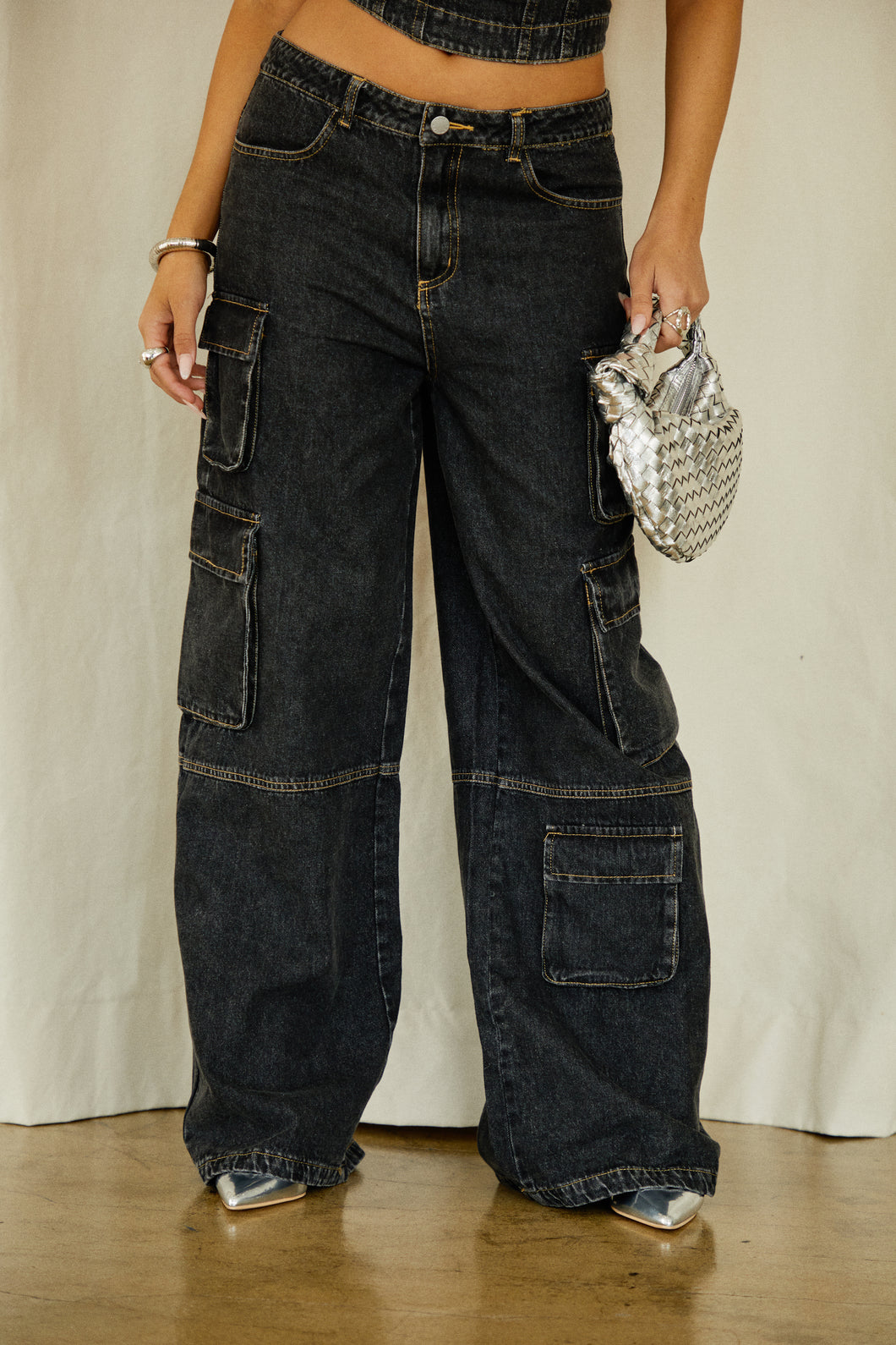 Black Denim Cargo Pants