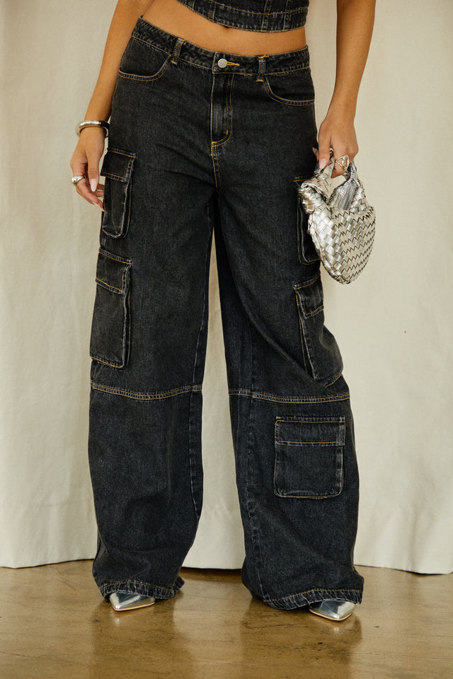 Load image into Gallery viewer, Black Denim Cargo Pants

