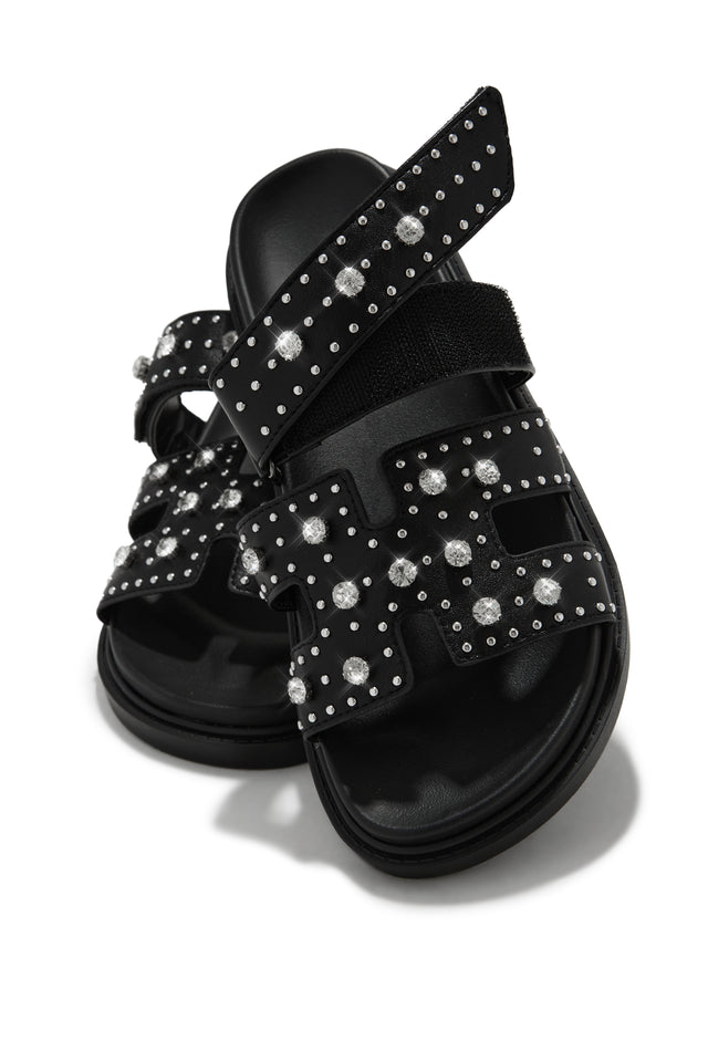 Load image into Gallery viewer, Black Slip On Chunky Sandals with Embellished Detailing
