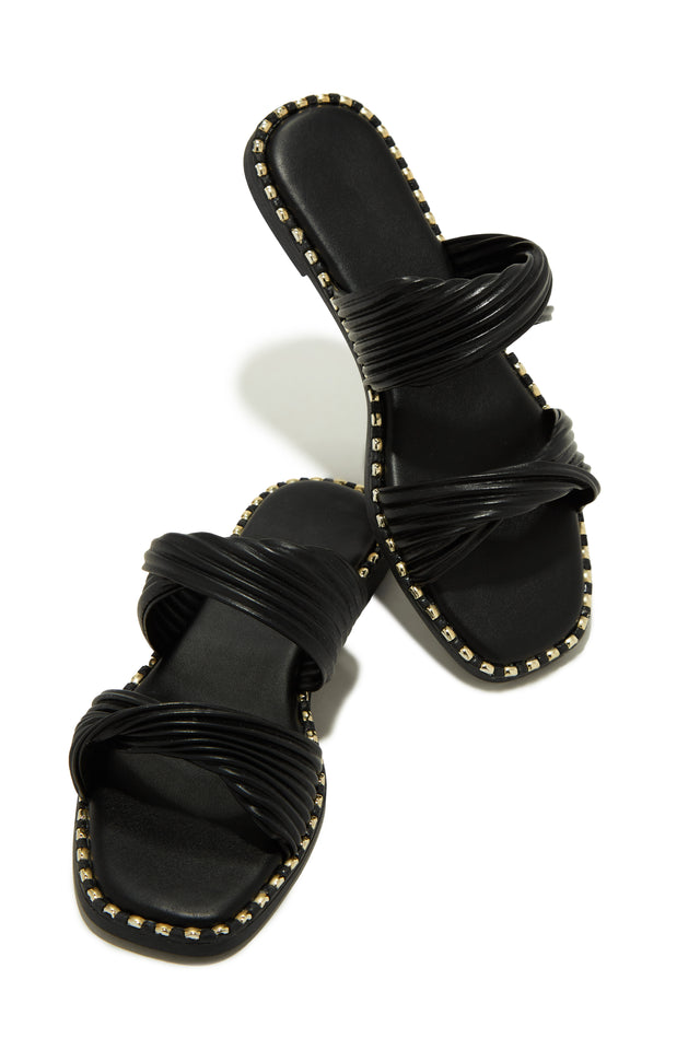 Load image into Gallery viewer, Black Slide Sandals with Gold-Tone Detailing
