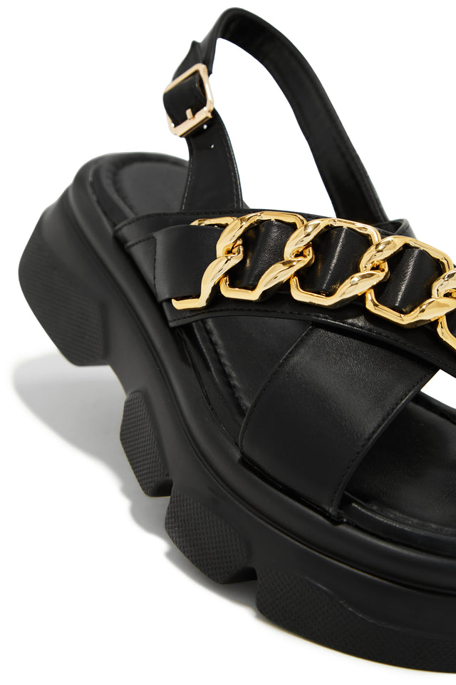 Load image into Gallery viewer, Platform Black Sandal with Gold Tone Hardware
