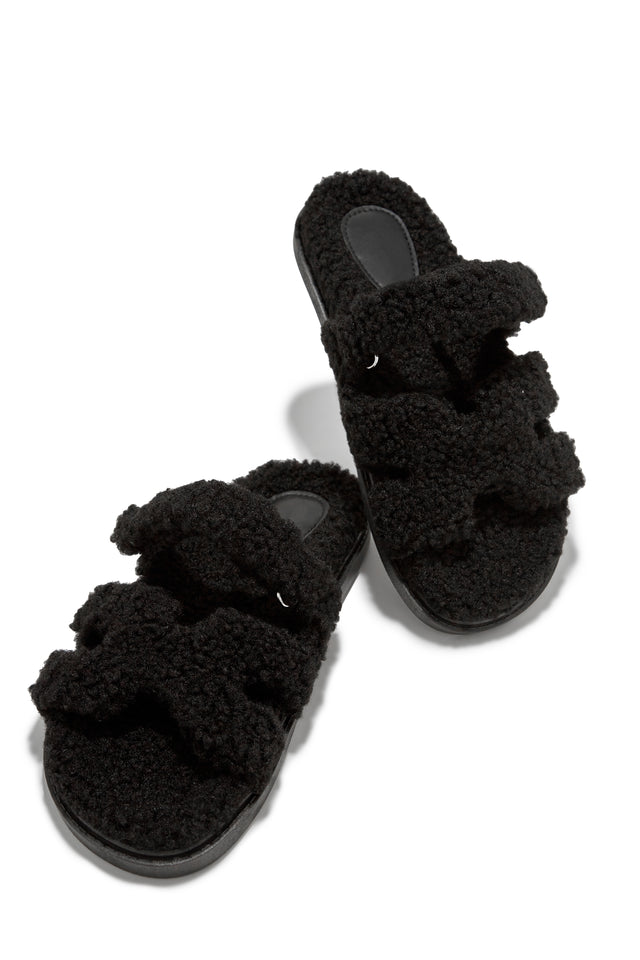 Load image into Gallery viewer, Black Sherpa Slip On Sandals
