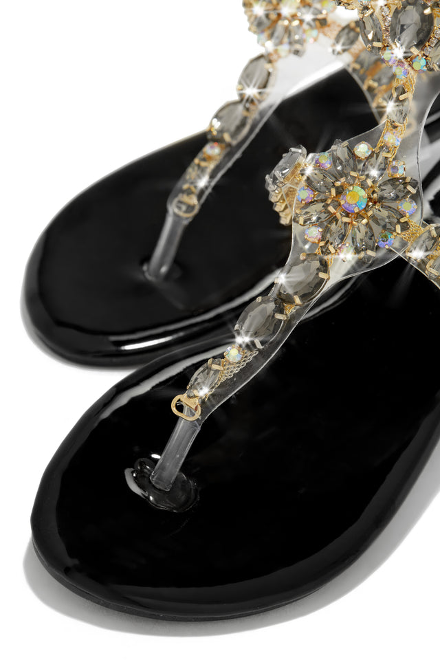 Load image into Gallery viewer, Embellished Thong Black Patent Sandals

