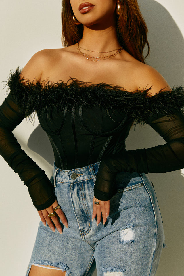 Load image into Gallery viewer, Love Attitude Off The Shoulder Faux Feather Long Sleeve Bodysuit - Black
