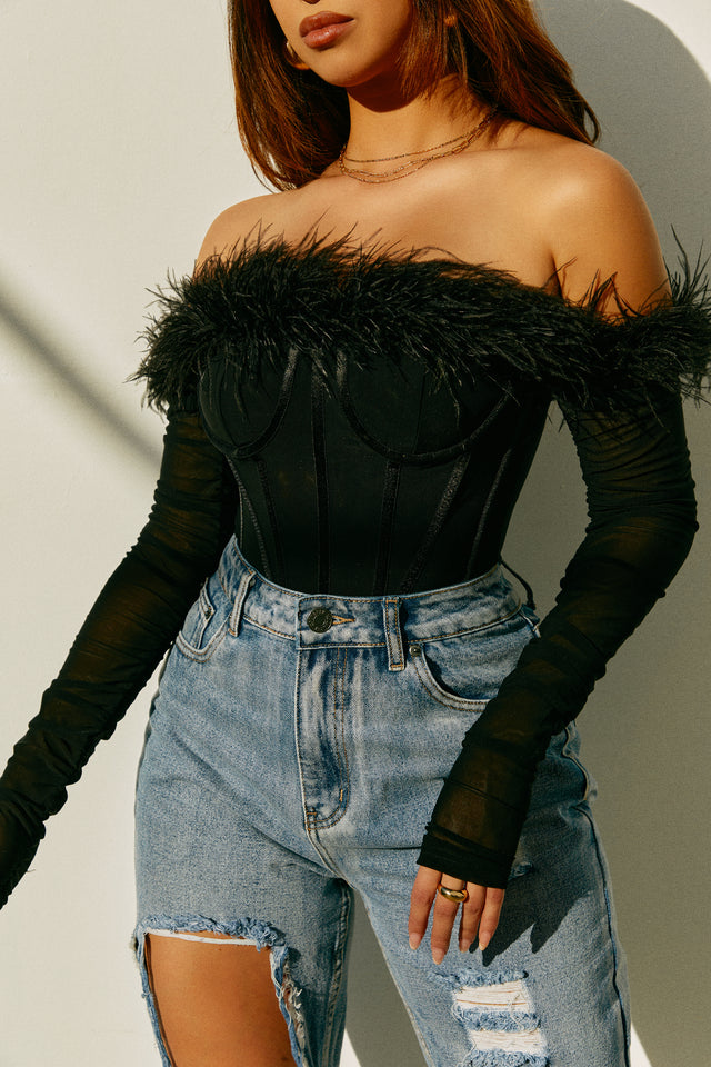 Load image into Gallery viewer, Love Attitude Off The Shoulder Faux Feather Long Sleeve Bodysuit - Black
