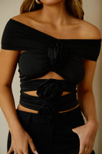Load image into Gallery viewer, Black Off The Shoulder Rosette Top
