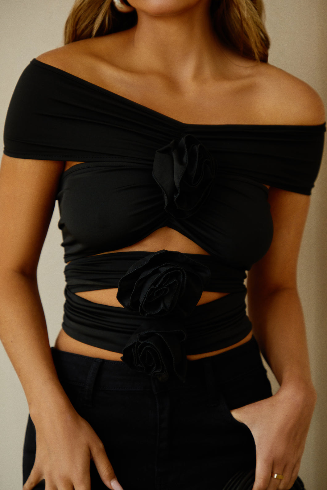 Noelya Off Shoulder Rosette Top - Black