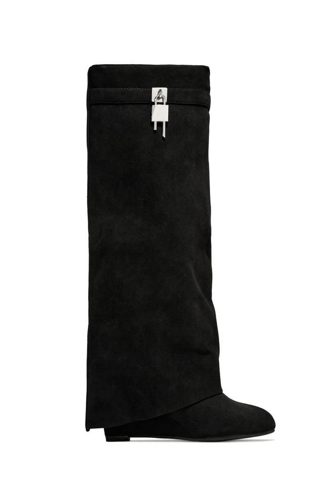 Load image into Gallery viewer, Kai Wedge Heel Knee High Shark Boots - Black
