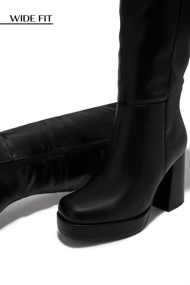 Hudson Wide Fit Platform Block Heel Boots - Black