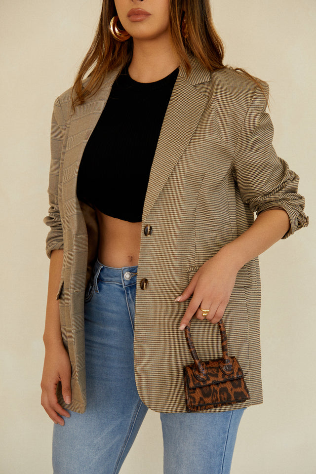 Load image into Gallery viewer, Mini Leopard Bag Styled with Oversized Blazer and Black Crop Top
