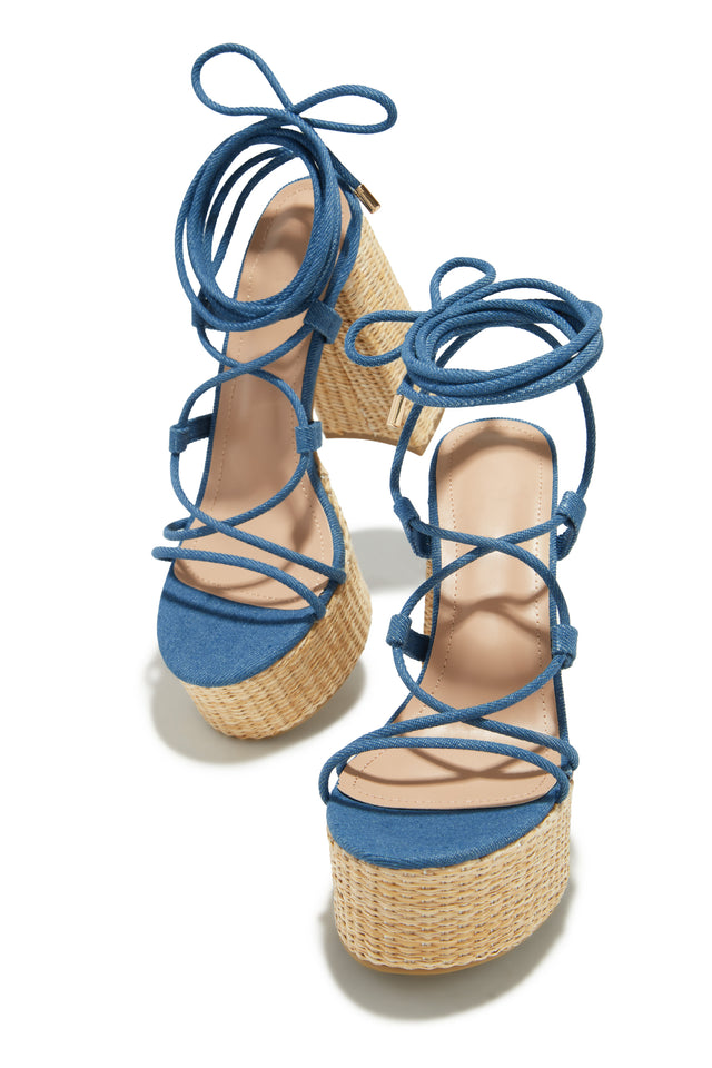 Load image into Gallery viewer, Blue Chunky Lace Up Heels
