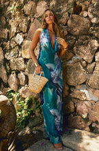 Load image into Gallery viewer, Navy Print Maxi Dress Styled with Straw Bag
