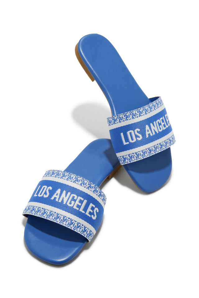 Load image into Gallery viewer, Blue and White Los Angeles Embroidered Sandals

