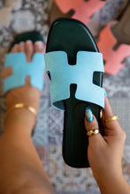 Load image into Gallery viewer, Women Holding Blue and Green Slip On Sandals
