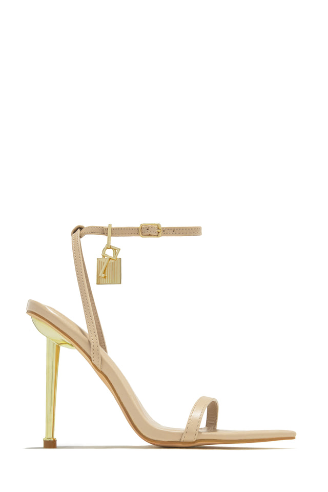 Load image into Gallery viewer, Bone Single Sole High Heels with Gold-Tone Lock &amp; Key Pendant
