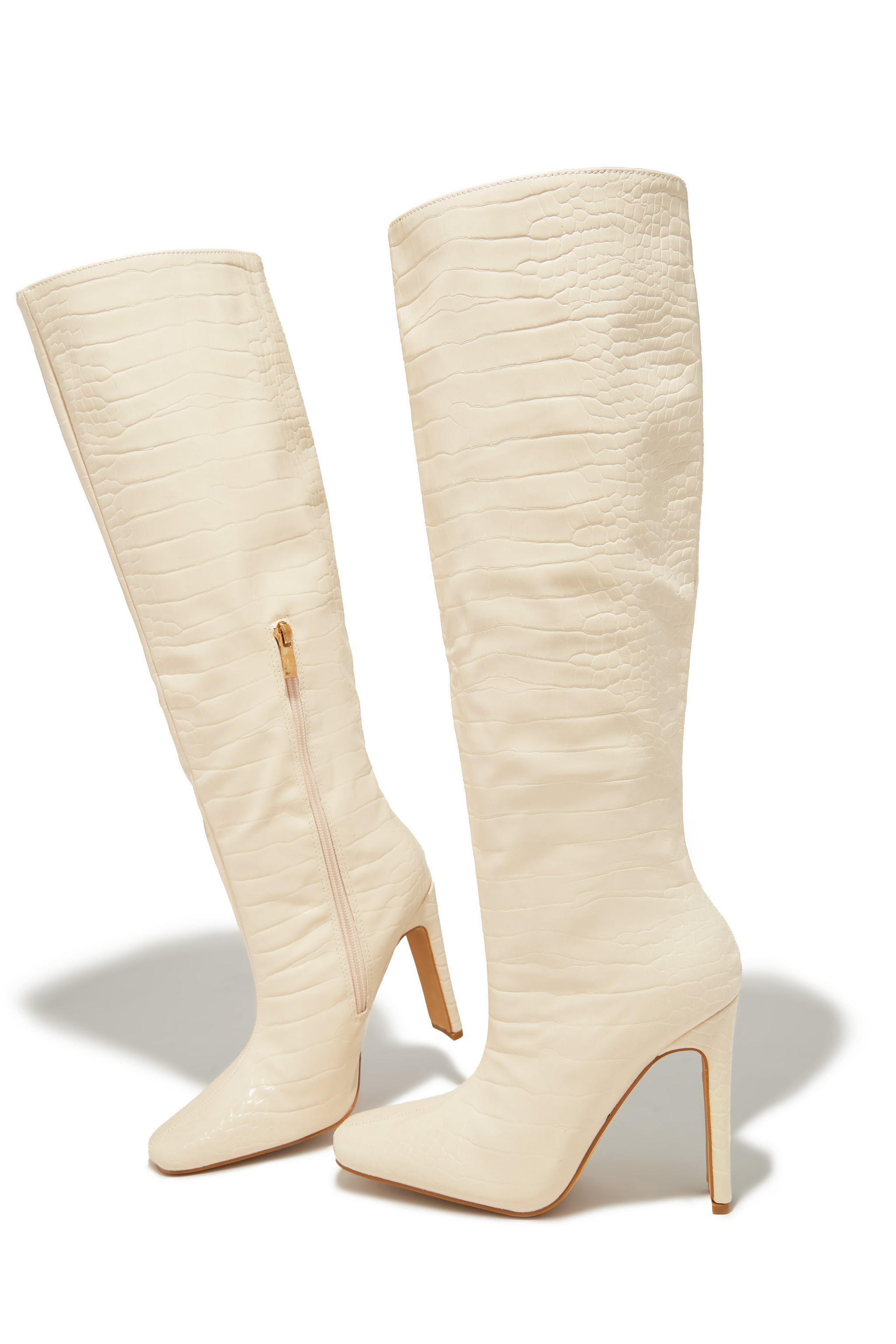 Miss Lola | Adelaisa Bone Croc Knee High Heel Boots – MISS LOLA
