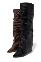 Load image into Gallery viewer, Kourtney Ruched Wedge Knee High Boots – Black
