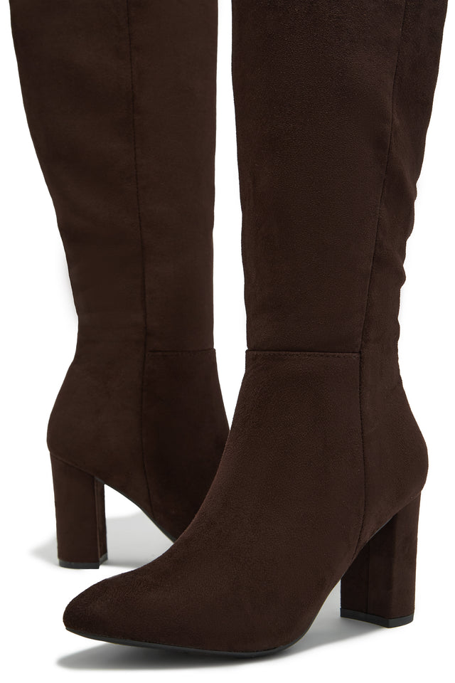 Load image into Gallery viewer, Fine Time Block Heel Knee High Boots - Brown Suede
