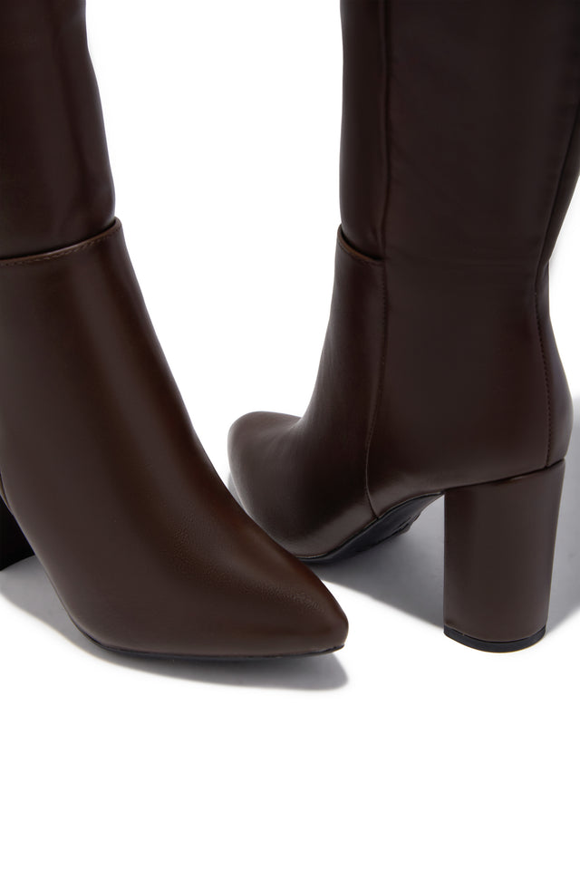 Fine Time Wide Fit Block Heel Knee High Boots - Brown