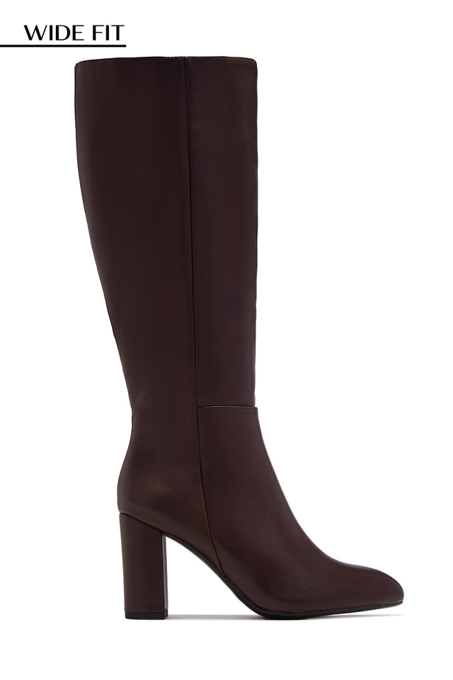 Fine Time Wide Fit Block Heel Knee High Boots - Brown