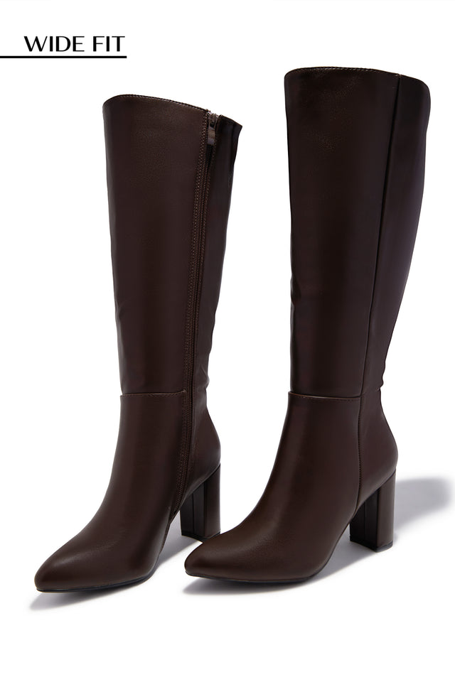 Fine Time Wide Fit Block Heel Knee High Boots - Brown