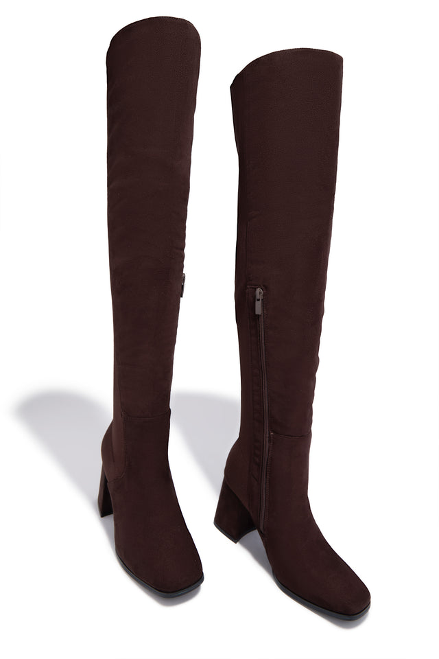 Load image into Gallery viewer, Mandy Block Heel Over The Knee Boots - Brown Suede
