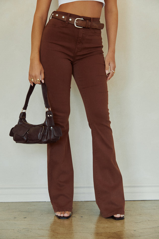 Load image into Gallery viewer, Brown PU Shoulder Bag Styled with Brown High Waist Flare Pant
