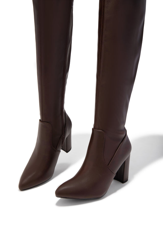 Load image into Gallery viewer, Adeline Chunky Heel Over The Knee Boots - Brown
